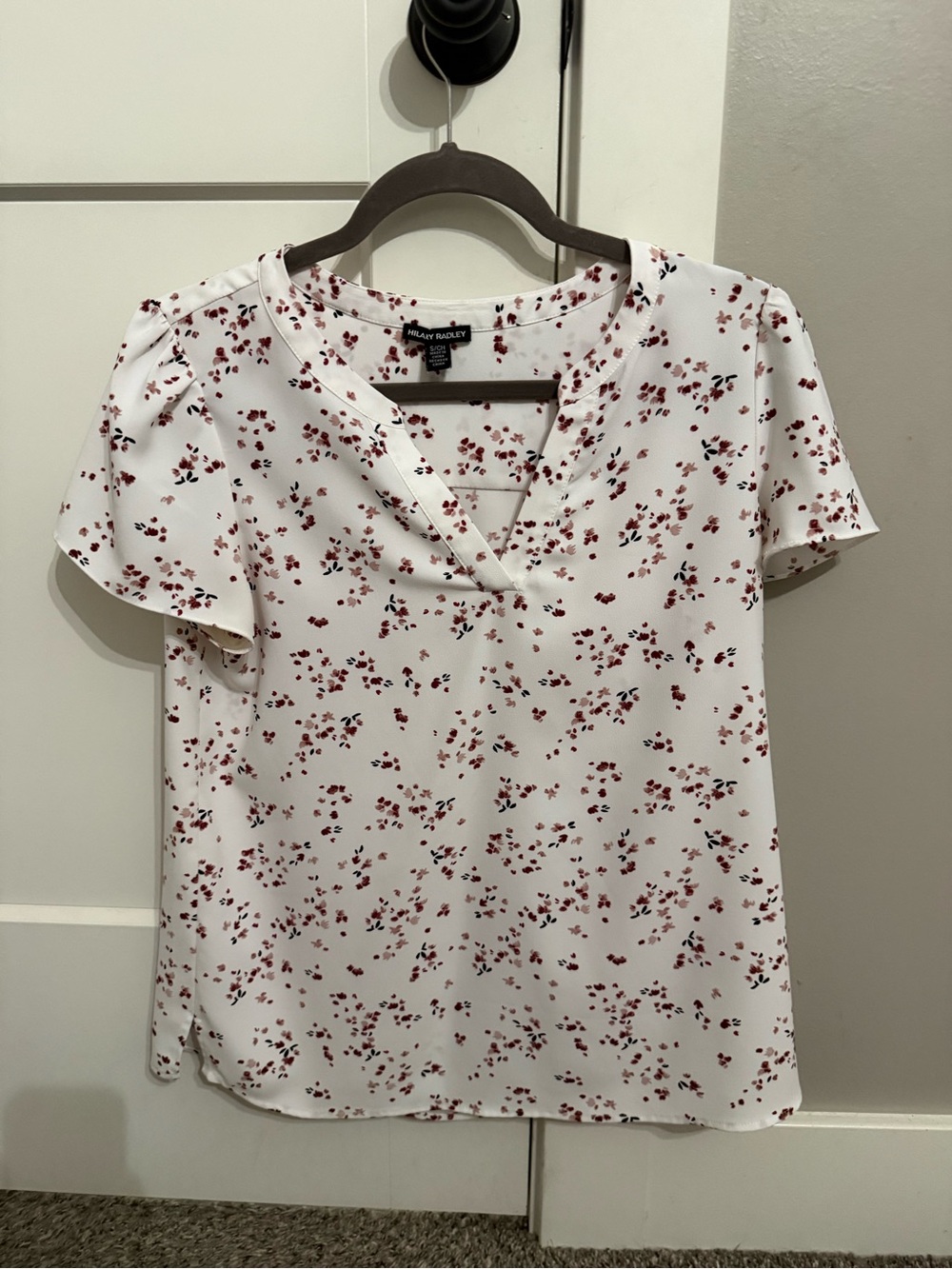 Hilary Radley White V-Neck Blouse with Red Floral Print